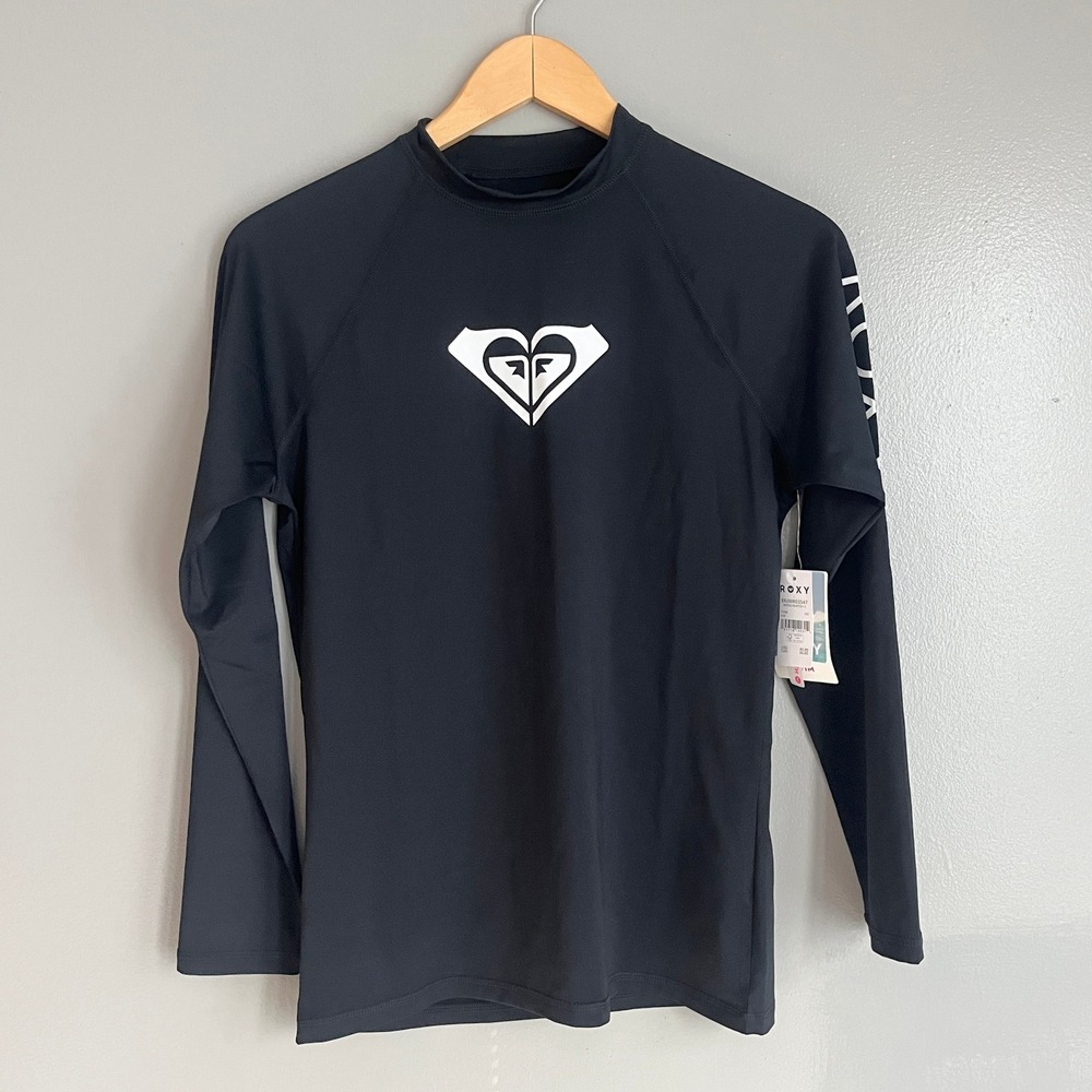 Roxy Rash Guard Kids Girls L Black Whole Hearted Long Sleeve Swim Shirt Surf NWT